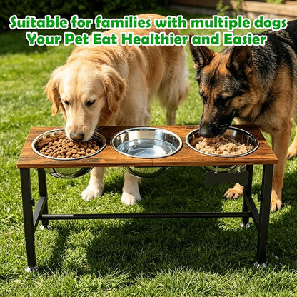 SHAINFUN Adjustable Height Elevated Dog Bowl Stand for Large & Extra Large Dogs – Wooden Raised Dog Bowls with Three 101oz Stainless Steel Bowls & Mat, Stainless Steel Food & Water Station