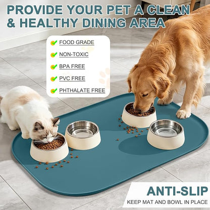 SMILOOL Waterproof Silicone Pet Food Mat with Raised Edge for Dog & Cat | 36" x 24" Non-Slip Large Pet Feeding Mats with Lip for Food & Water Bowl, Food Grade, Easy Cleaning, Salte Blue