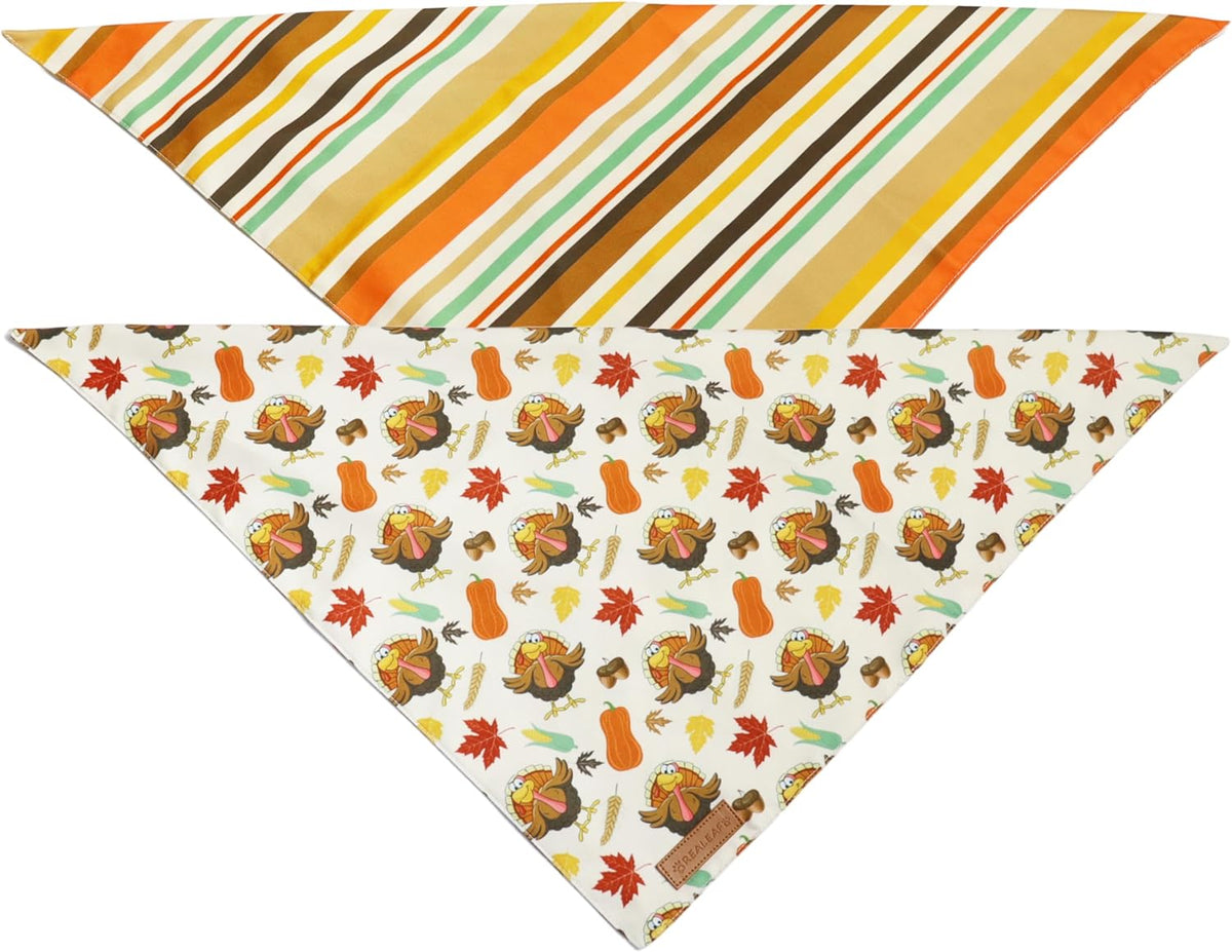 Realeaf Thanksgiving Dog Bandanas 2 Pack,Turkey Pumpkins Fall Stripe Pet Scarf for Boy and Girl, Premium Durable Fabric, Reversible Holiday Bandana for Small and Medium Dogs Pets