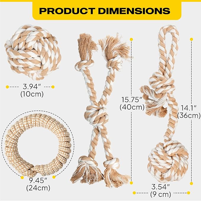 Fida Heavy Duty Dog Rope Toys for Aggressive Chewers 4pcs Pack – Natural Cotton Dog Chew Toys for Large Dogs, Tug-of-War & Fetch Rope Ball/Ring/Knot/Twist to Keep Them Busy
