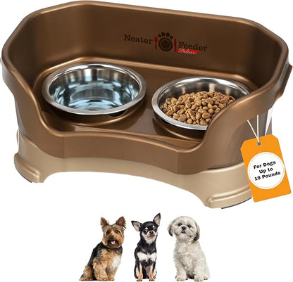 Neater Pet Brands Neater Feeder Deluxe Mess Proof Dog Bowls Elevated for Small Dogs Under 19 lbs, Made in USA, No Spill Raised Dog Food Bowl Stand Feeding Station, Food and Water Bowl Set, Bronze