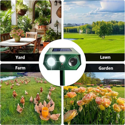 2 Pack 2025 Solar Ultrasonic Animal Repellent Outdoor, Cat Deterrent Deer Repeller with Motion Detection Flash Light for Dog Cat Deer Bird Rabbit Skunk Raccoon Coyote Woodpecker Squirrel, Safe for Pet