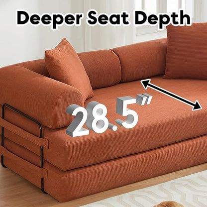 Convertible Sleeper Sofa Bed with Cylindrical Pillow, Corduroy Folding Mattress Couch with Fixed-Shape Frame, Floor Sofa Lounge Couch for Living Room Bedroom Lounge Studio, Orange