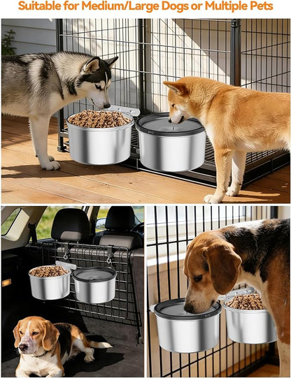 2 Pcs No Spill Dog Water Bowl for Crate, 2.5L Stainless Steel Hanging Kennel Bowls with Adjustable Height, Anti-Splash Water & Food Bowl Set for Cage Kennel Crate, Medium Large Dogs (Black)