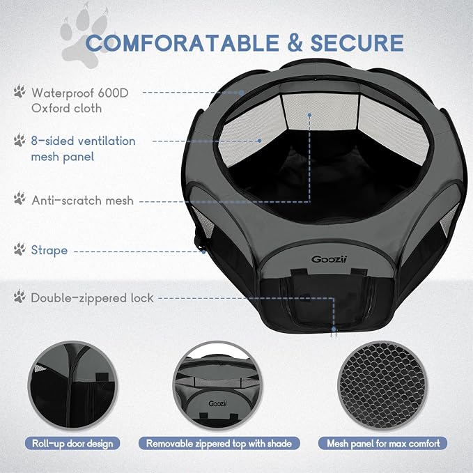 Goozii Portable Puppy Playpen Indoor, Small Dog Playpen, Pop Up Kitten Cat Play Pen Tent for Outdoor, Foldable Pet Cage Crate Kennel with Zip Gate Top Cover Bottom for Travel Camping RV Car (Black)