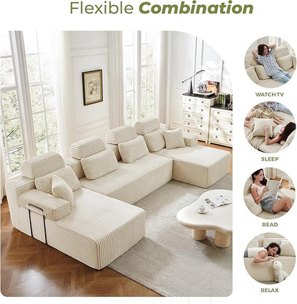 141" U-Shaped Cloud Modular Sectional Sofa with Chaise & Headrest, Boneless Deep Seat Plush Corduroy Couches for Large Living Room, No Assembly Required (White, 141" U-shapred Chaise)