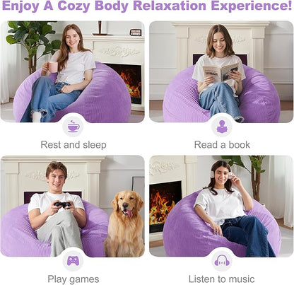 Homguava 3.5FT Bean Bag Chair: Teardrop Bean Bags with Memory Foam Filled, Compact Beanbag Chairs Soft Sofa with Corduroy Cover (Purple)