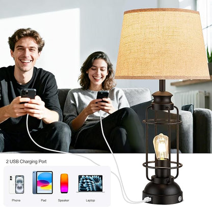 28" Table Lamps for Living Room Set of 2, 3 Way Dimmable Touch Lamps with USB A+C Ports,Farmhouse Table Lamps for Bedroom,Industrial Lamp for Living Room End Tables, 4 Bulbs Included
