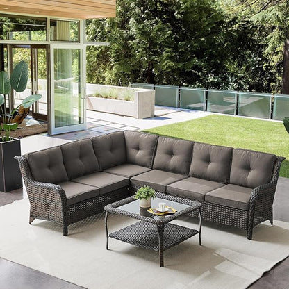 Outdoor Furniture Sectional Sofa L Shaped Couch - Patio Wicker Set with Coffee Table, 3 Piece Rattan Patio Conversation Sets with Gray Cushion for Deck Backyard Sunroom