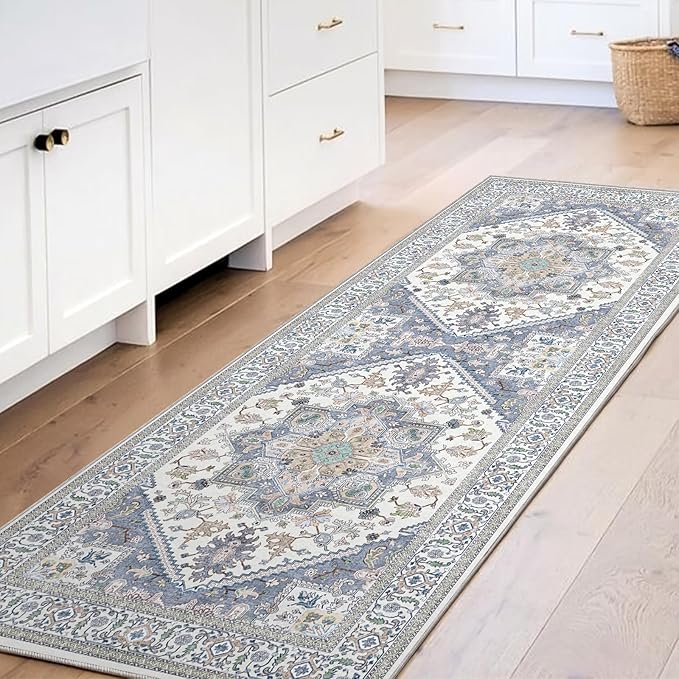 OPPODREAM Thin Entryway Rug 2x6, 2x6 Rug Runner, Washable Hallways Carpet 2 x 6 with Non Slip Backing, Low-Pile Bedside Carpet 2 x 6, Long, Faux Cashmere, Purple & Green & Cream