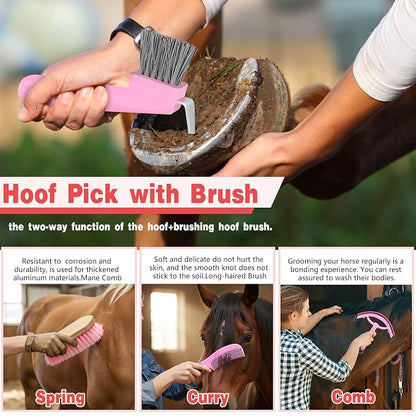 Abbylike 12 Piece Horse Grooming Kit with Organizer Tote Bag Brush Sets for Derby Day Show Horses Professional Tools for Care & Massage(Grey and Pink)