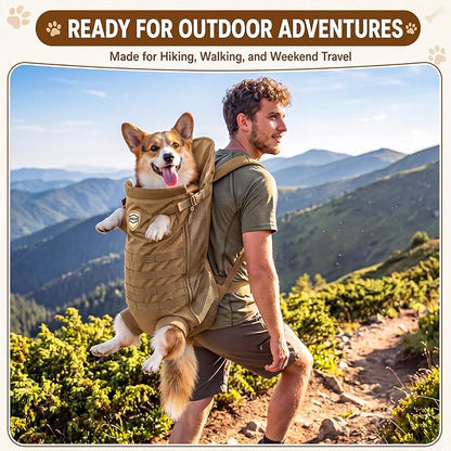 Dog Carrier Tactical Backpack for Medium Large 26-40lbs, Dog Soft Hands-Free Legs Out Pet Cat Front Carrier Backpack Facing Travel Bag for Outdoor Traveling Hiking Camping Bike (Brown)