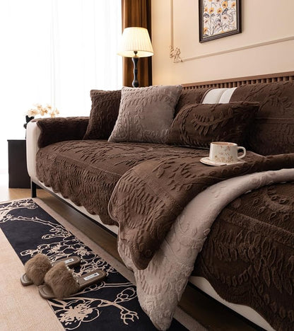 Fuzzy Rabbit Plush Sofa Cover Cozy Warm Sofa Couch Covers with 3D Jacquard Leaf Pattern Non-Slip Easy-to-Install Shaggy Sofa Slipcover Prefect for Kids Dogs Cats Cats(Caramel,36"x94")