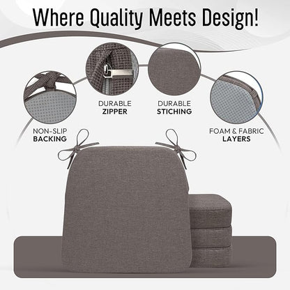 D-Shaped Indoor Chair Cushions 17" x 16" for Kitchen & Dining Chairs – 2'' Thick Seat Pads with Ties & Non-Slip Backing, High-Density Foam, Machine-Washable Covers, Set of 2 with Chair Leg Pads, Gray