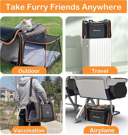 Pet Carrier Airline Approved, 17x11x11 TSA Travel Carrier | 5-Side Expandable Entry, Lightweight Alloy Frame, Collapsible Storage, Washable Wool Mat, Comfortable Bag for Cats & Dogs