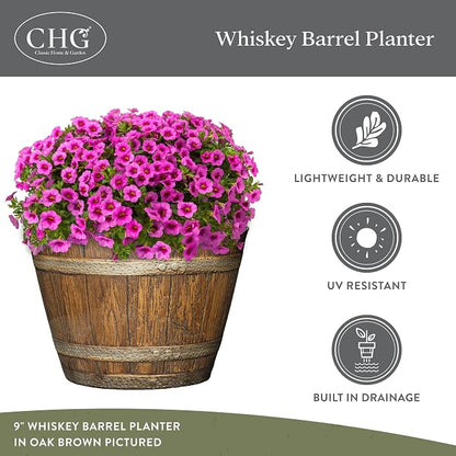 Outdoor Whiskey Resin Flower Pot Barrel Planter, Walnut Brown, 20.5" (2 Pack)