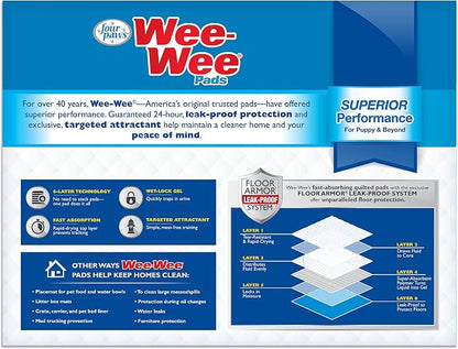 Four Paws Wee-Wee Superior Performance Dog Pee Pads, 150 Count | Quilted leak-proof puppy pads, dog housebreaking & potty training, 24-hour floor protection, pet supplies, 22" x 23"