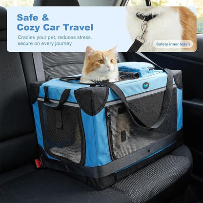 Ownpets Extra Large Cat Carrier for 2 Cats Small Dogs, 24 Inches Collapsible Soft Dog Crate for Car Travel, Portable Pet Carrier with Soft Mat, Blue | Foldable, Portable, 4-Doors, 4-Side Mesh Windows, Steel Frame Oxford Cloth, Soft Cushion Mat, Leash, ...