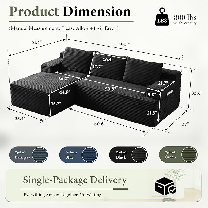 96" Sectional Couches for Living Room Cloud Couch Sofa with L-Shape Upholstered Boneless Couchs Modern Modular Sectional Couch with Chaise (Black, 96" W+Left Facing Chaise+2Seaters)