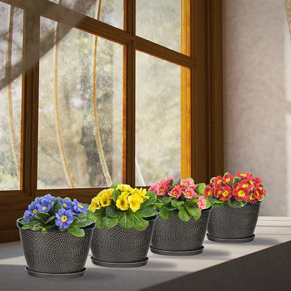 Quarut 4 Pack 6 Inch Flower Pots Planters for Outdoor Indoor | Plastic Plant Pots with Drainage Hole & Tray, Modern Decorative Garden Pot with Saucer, planters for House (Drak Bown)