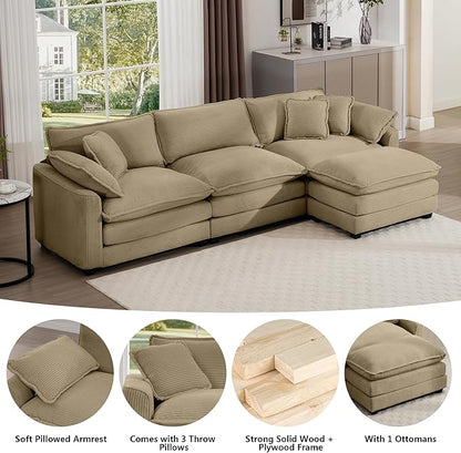 Aoowow Corduroy 3 Seater Cloud Couch with Ottoman,Modern Cloud Couches for Living Room,Modular Sectional Cloud Sofas with Deep Seat,Oversized Tufted L-Shaped Sofa Set (Tan, 3 Seater + 1 Ottoman)