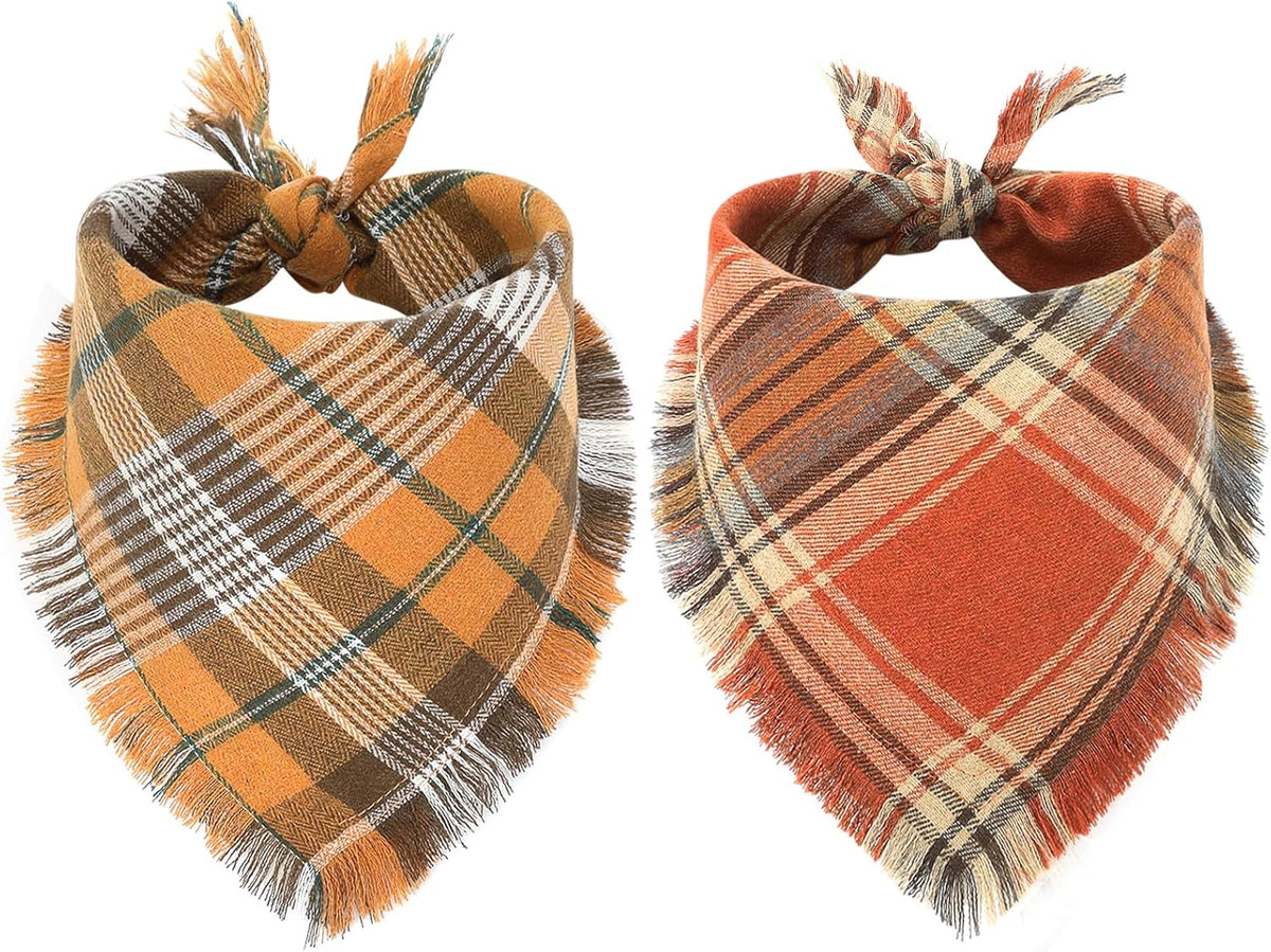 Vivifying Halloween Dog Bandana, 2 Pack Classic Plaid Fall Dog Scarf with Tassels Edges, Funny Pet Apparel & Accessories Costume for Thanksgiving Photo Prop, and Party Decor (Small, Yellow&Orange)