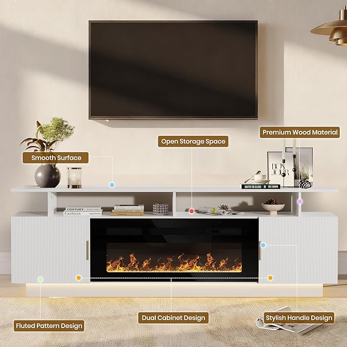 70” Fluted TV Stand with 36” Electric Fireplace, 2 Tier TV Console Cabinet with