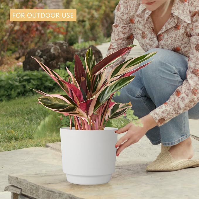 kubvici Indoor Plant Pots Planters 8 inch Plastic Planter with Hole & Saucer Flower Pots Modern Decorative for Outdoor Garden Home (White x 3 Pack)