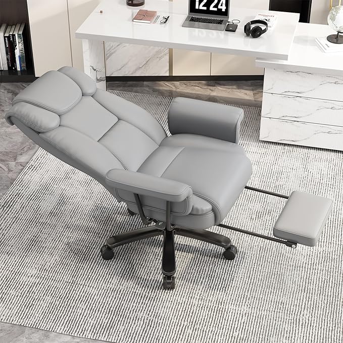 GYI Criss Cross Chair with Wheels, 160°Big and Tall Reclining Office Desk Chair with High Back, Wide Seat, Arms, Footrest, Grey