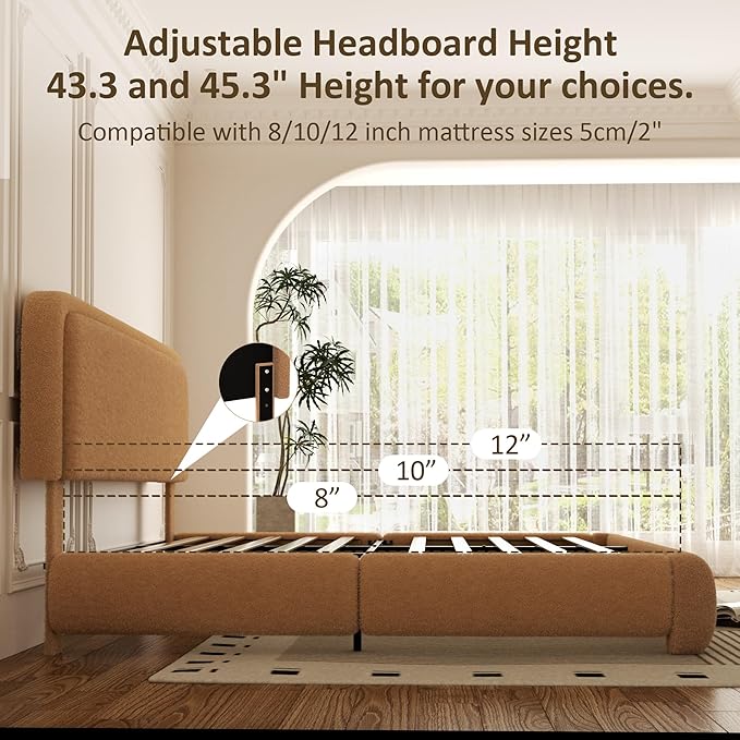 Queen Bed Frame, Teddy Velvet Boucle Bed Frame with 43.3"/45.3" Adjustable Upholstered Headboard, Rounded Corners, Mattress Foundation, No Box Spring Required, Brown