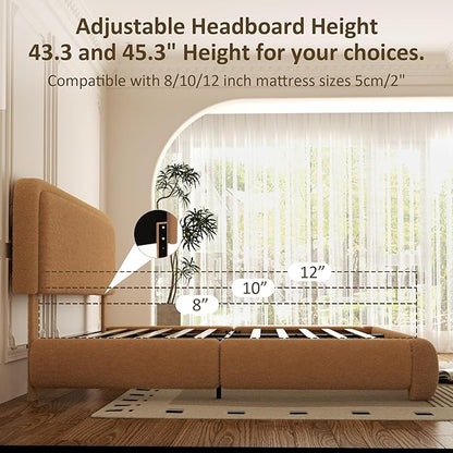 Queen Bed Frame, Teddy Velvet Boucle Bed Frame with 43.3"/45.3" Adjustable Upholstered Headboard, Rounded Corners, Mattress Foundation, No Box Spring Required, Brown