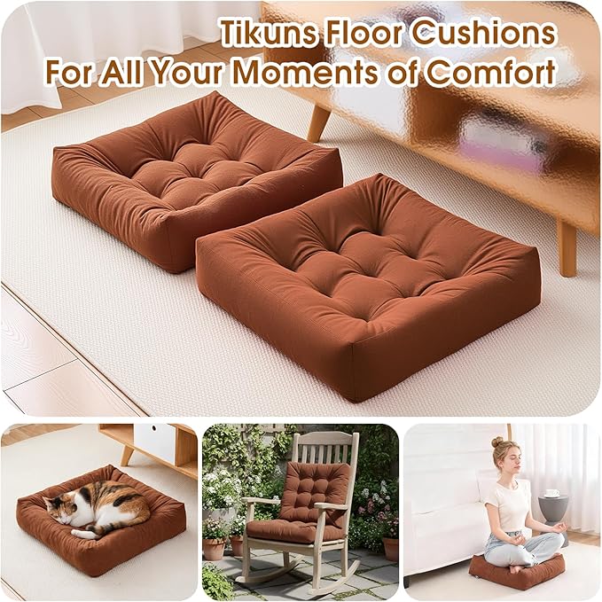 Tikuns Floor Pillows for Adults, 22x22x6 Inch Meditation Cushions, Large Square Sitting Cushion Living Room Memory Foam Pillow for Sitting (1, Brown, 22x22x6 Inch)