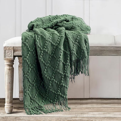 BOURINA Green Throw Blanket 50 x70 Inches Jacquard Argyle Throw Textured Solid Soft Throws and Blankets for Sofa or Bed Knitted Decorative Blanket