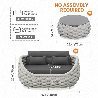 Erotr Patio Loveseat with Table: Aluminum Hand Woven Rope 2 Pieces Patio Furniture Set - Cushioned Outdoor Seating Set - Modern Couch Assembled - Metal Lounge Set for Porch Balcony Deck Garden Hotel