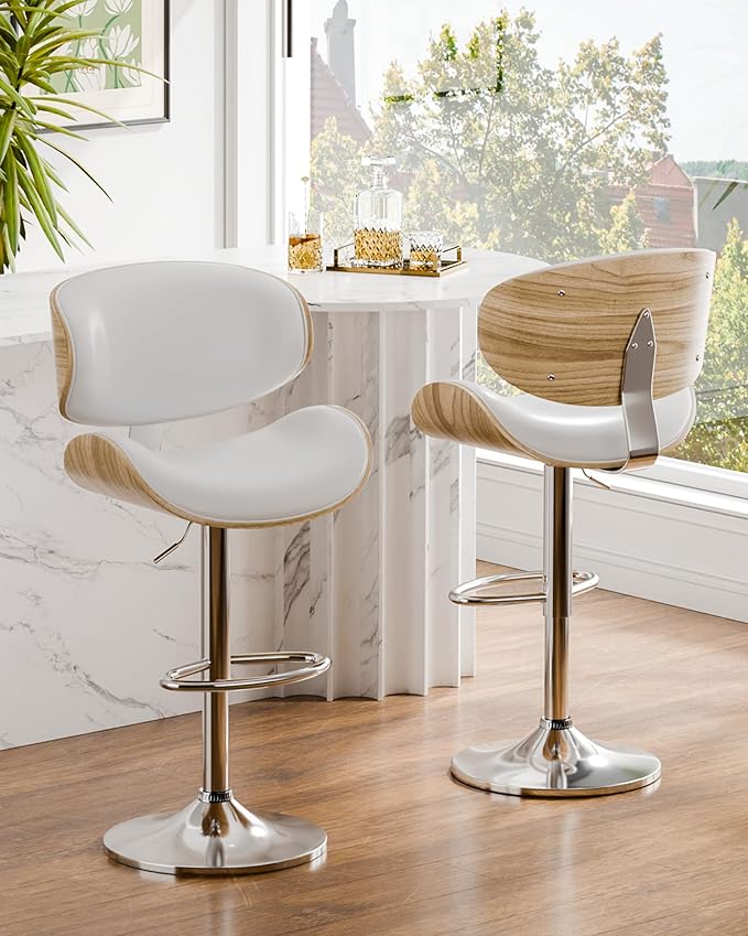 Aowos Bar Stools Set of 2, Adjustable Swivel Leather Bar Stools for Kitchen Island, Mid Century Modern Counter Height Bar Chairs Barstools with Back & Footrest (Cream White)