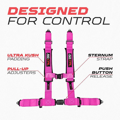 1pc 50 Cal Pink 4 Point Harness 3in Straps, Racing Harness Seat Belt | Ultra Kush padding, Push Button quick release hardware. Universal Fit for UTV, RZR, race car.