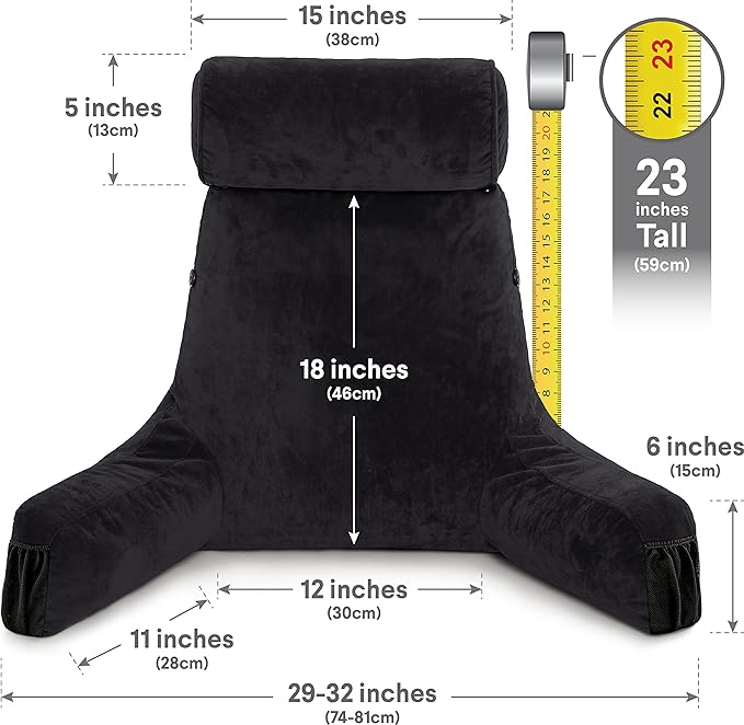 Husband Pillow Medium Black, Backrest for Kids, Teens, Petite Adults - Reading Pillows with Arms, Adjustable Loft, Plush Memory Foam, Bed Rest Chair for Sitting Up, Detach Neck Roll, Removable Cover