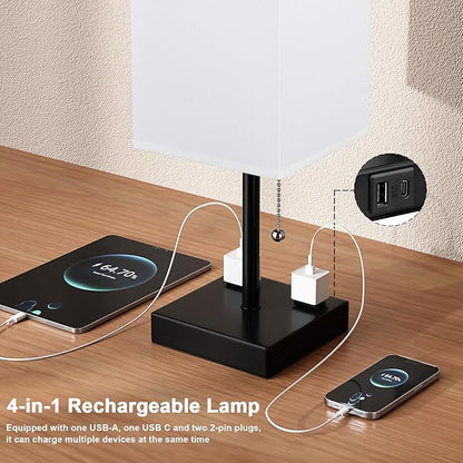 Plus Bedside Table Lamps Set of 2 - White Bedroom Lamps with 3 Colors, Square Nightstand Lamp with USB C + A Charging Ports and 2 AC Outlets, Pull Chain Night Light for End Table