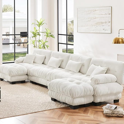 173.2" Oversized Couch, 4 Seater Modular Sectional Sofa, White Large U Shaped Sectional Fluffy Couch Set, Chenille Cloud Couch with Ottoman, Deep Seat Sofas for Living Room