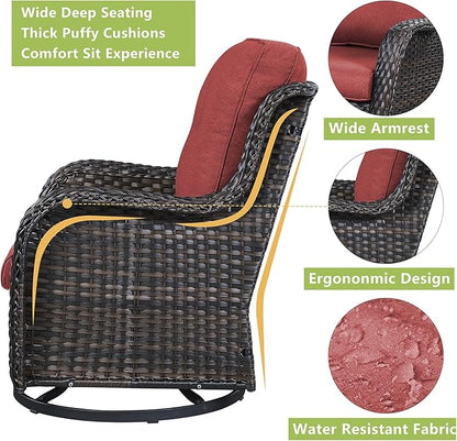 Rilyson Wicker Rocking Chair Swivel Chairs – 6 Piece Rocker Patio Furniture Set Rattan Rocking Bistro Sets with Glass Top Side Table for Outdoor Porch Deck Garden Backyard(Brown/Red)