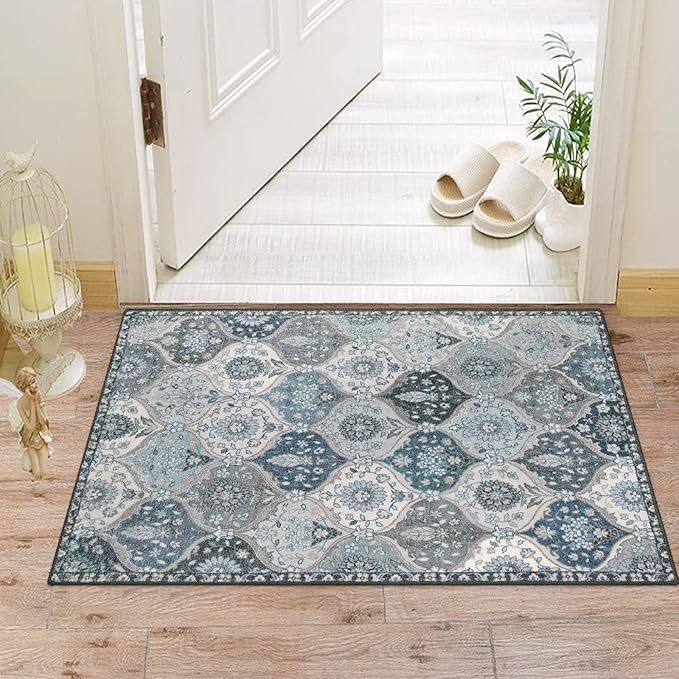 Lahome Moroccan Trellis Front Door Mat Indoor Entrance, 2x3 Rugs for Entryway Non-Slip Washable Indoor Door Mat, Oriental Accent Small Rug for Kitchen Bedroom Bathroom, Blue