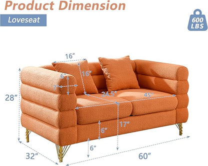 mikibama Modern Teddy Loveseat Sofa, 60 Inch Sectional Sofa Couch, Luxury 2 Seater Deep Couch with 2 Pillows and Gold Metal Legs for Living Room, Bedroom, Apartment (Orange)
