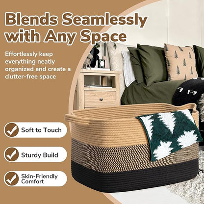 Goodpick Woven Blanket Basket, 21.6" x 14.9" x 11.8" Wicker Laundry Basket for Clothes, Storage Baskets for Organizing, Rectangle Rope Large Baskets for Storage, Black Jute