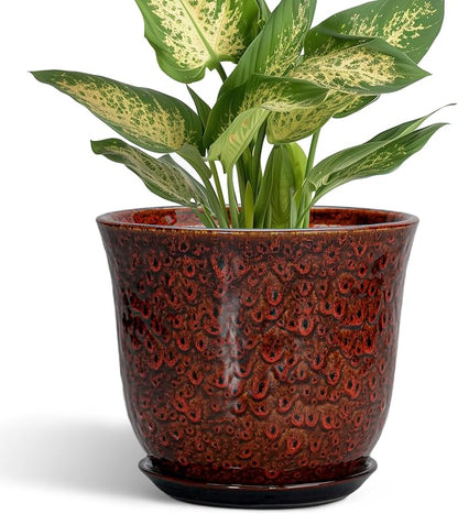 Ceramic Plant Pots - 5.6 Inch Plant Pot Indoor Outdoor, Small Planter with Drainage Hole and Saucer, Round Planter, Orchid Succulent Pots, Garden Room Decor, Gardening Gifts for Women, Red
