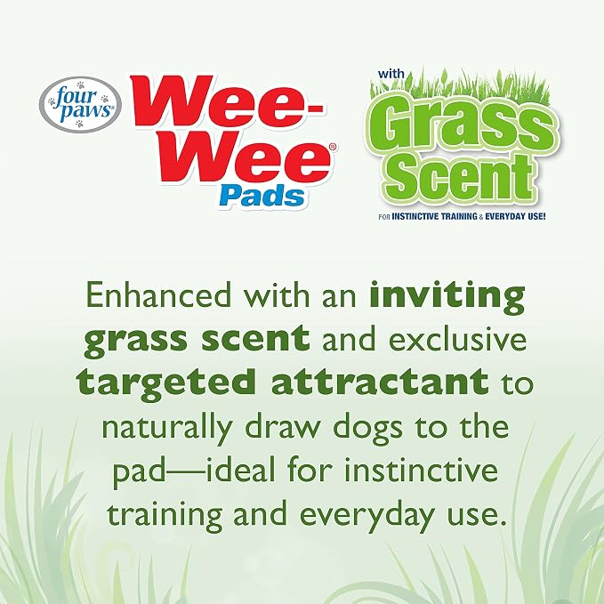 Four Paws Wee-Wee Ultimate Attractant Dog Pee Pads, Grass Scent, 100 Count | Smells like real grass, leak-proof puppy pads, dog housebreaking & potty training, 24-hour floor protection, 22" x 23"