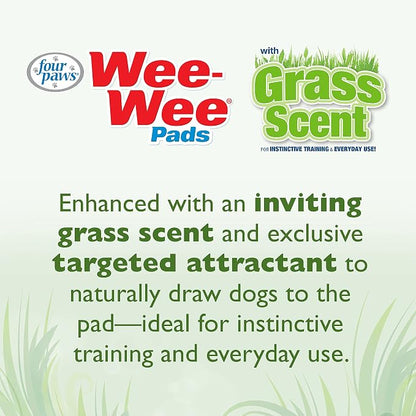 Four Paws Wee-Wee Ultimate Attractant Dog Pee Pads, Grass Scent, 100 Count | Smells like real grass, leak-proof puppy pads, dog housebreaking & potty training, 24-hour floor protection, 22" x 23"