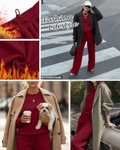 Sweetyweee Women's 2 Piece Outfits Set Fleece Lined Lounge Sweatsuit Crewneck Pullover Top Wide Leg Pants Casual Tracksuit