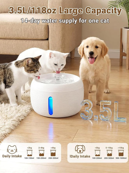 Kastty 3.5L Cat Water Fountain Quiet Cat Fountain for Small Animals FS77 | White Pet Water Fountain for Cats Indoor-Cat Water Dispenser with Visual Water Level - Pets Watering Supplies for Drinking