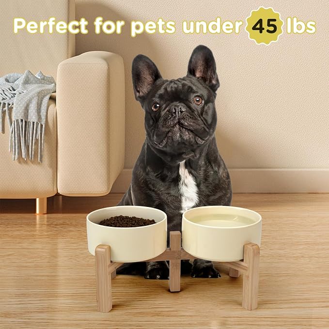 SPUNKYJUNKY Elevated Dog Bowls Ceramic, 6.1'' Dogs and Cat Food Water Bowls Raised with Non-Slip Bamboo Stand for Medium Sized Breed Microwave Dishwasher Safe - 28.7 OZ,Beige