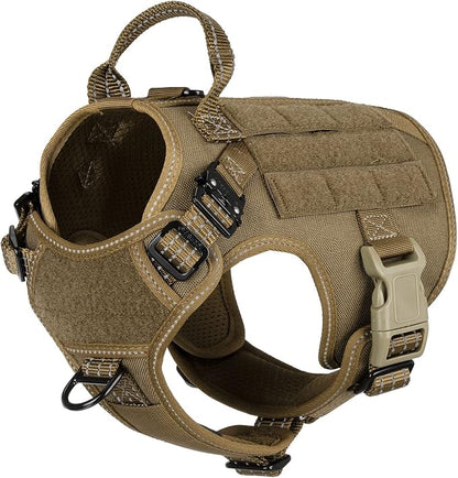 ICEFANG Tactical Dog Harness for Small Dogs,Reflective No Pull Dog Vest | with Control Handle,Adjustable,Front Hook,2 Leash Clips,Soft Padded,MOLLE Panel,Brown,Small